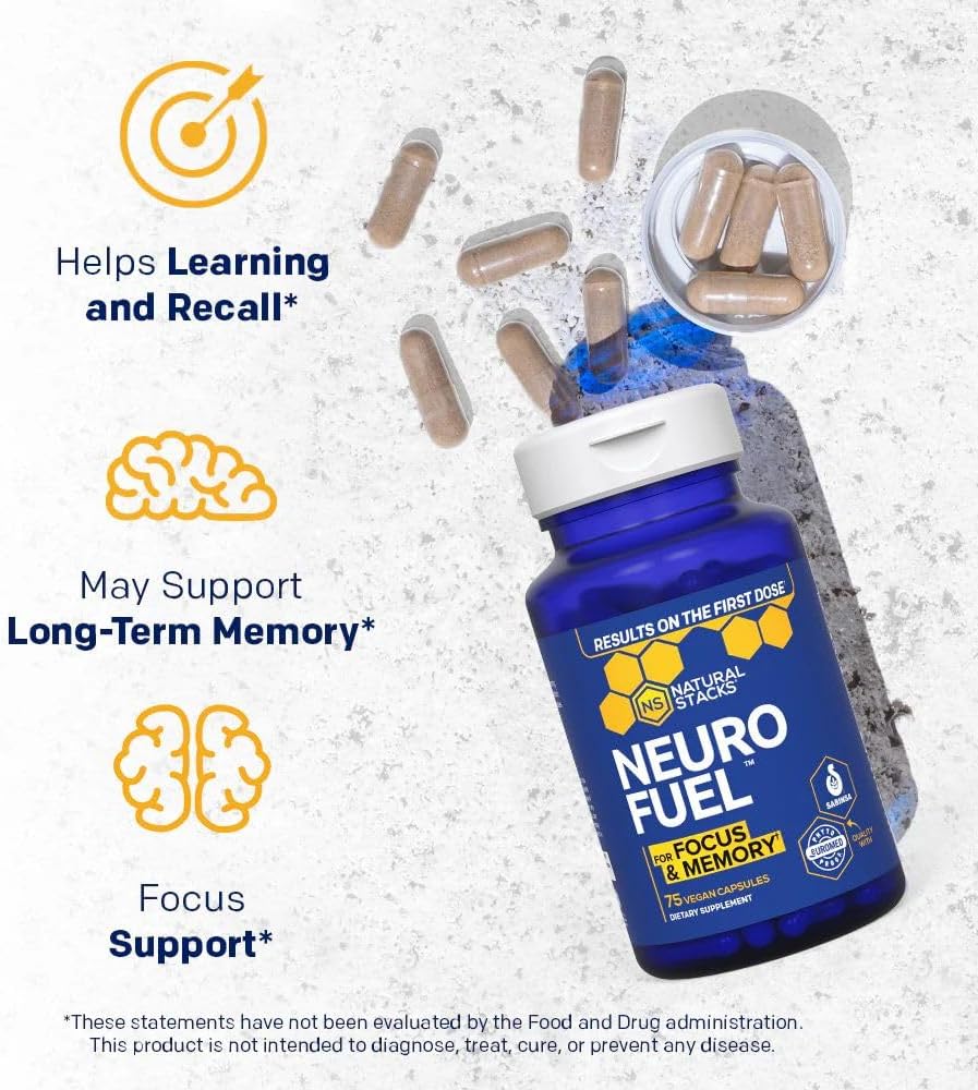 NATURAL STACKS NeuroFuel Nootropic Brain Support Supplement - 750mg L-Carnitine & 500mg L-Phenylalanine - Brain Supplement for Memory and Focus* - 75 Focus Pills