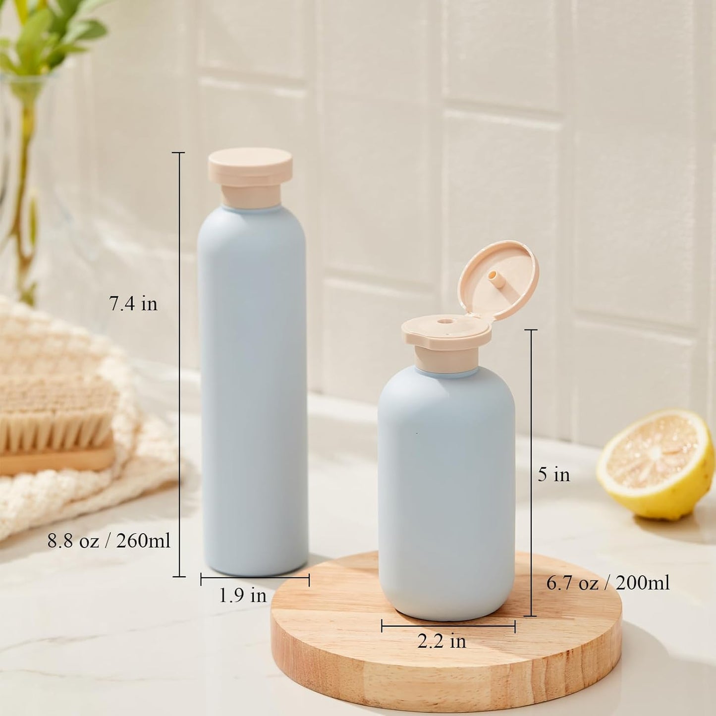 Qeuly Squeeze Bottles with Pump Dispenser and Flip Cap, 6.8 oz Refillable Travel Containers for Toiletries, Plastic Travel Shampoo and Conditioner Bottles (Blue 200)