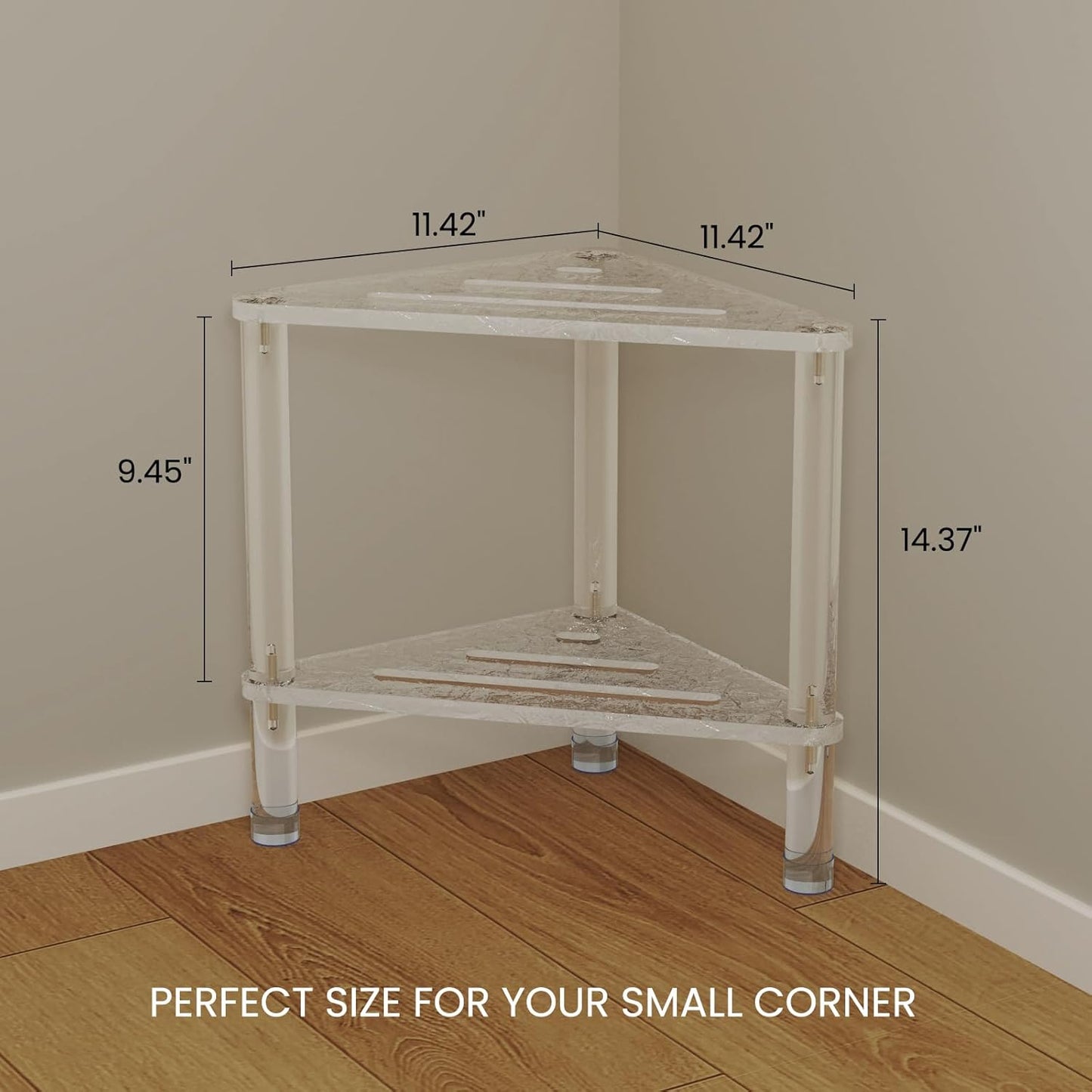 Acrylic Corner Shower Stool for Shaving Legs 11.42" D X 11.42" W X 14.37" H, Triangle Shower Foot Rest with Storage Shelf, Heavy Duty, for Inside Shower (Water Ripple Texture)