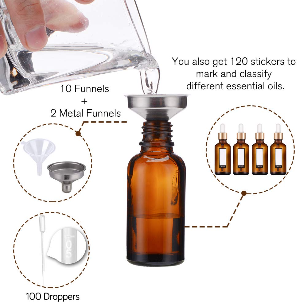 PrettyCare Glass Eye Dropper Bottles 99 Pack, 1oz (30ml) Amber Empty Thick Bottles Bulk with Leakproof Golden Caps - With Labels & Funnels for for Storage, Travel,Essential Oils, DIY Serums