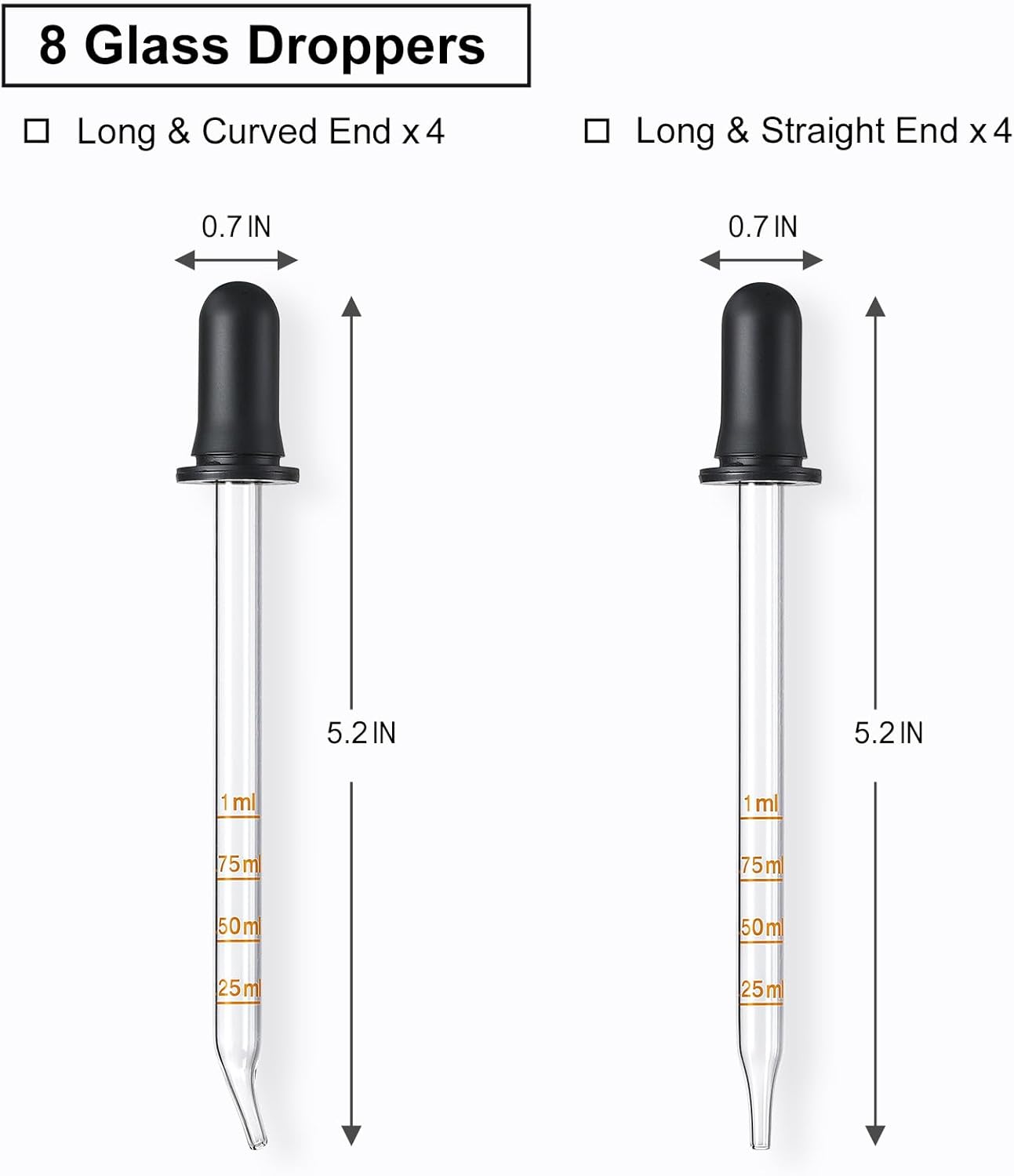 8 Pack, 1 mL Glass Eye Dropper with Measurement - Long Bent & Straight Tip Calibrated Glass Medicine Droppers, Accurate Dose Pipette Dropper for Essential Oil, Feeding, Ear, Eye, Lab, Health, Beauty
