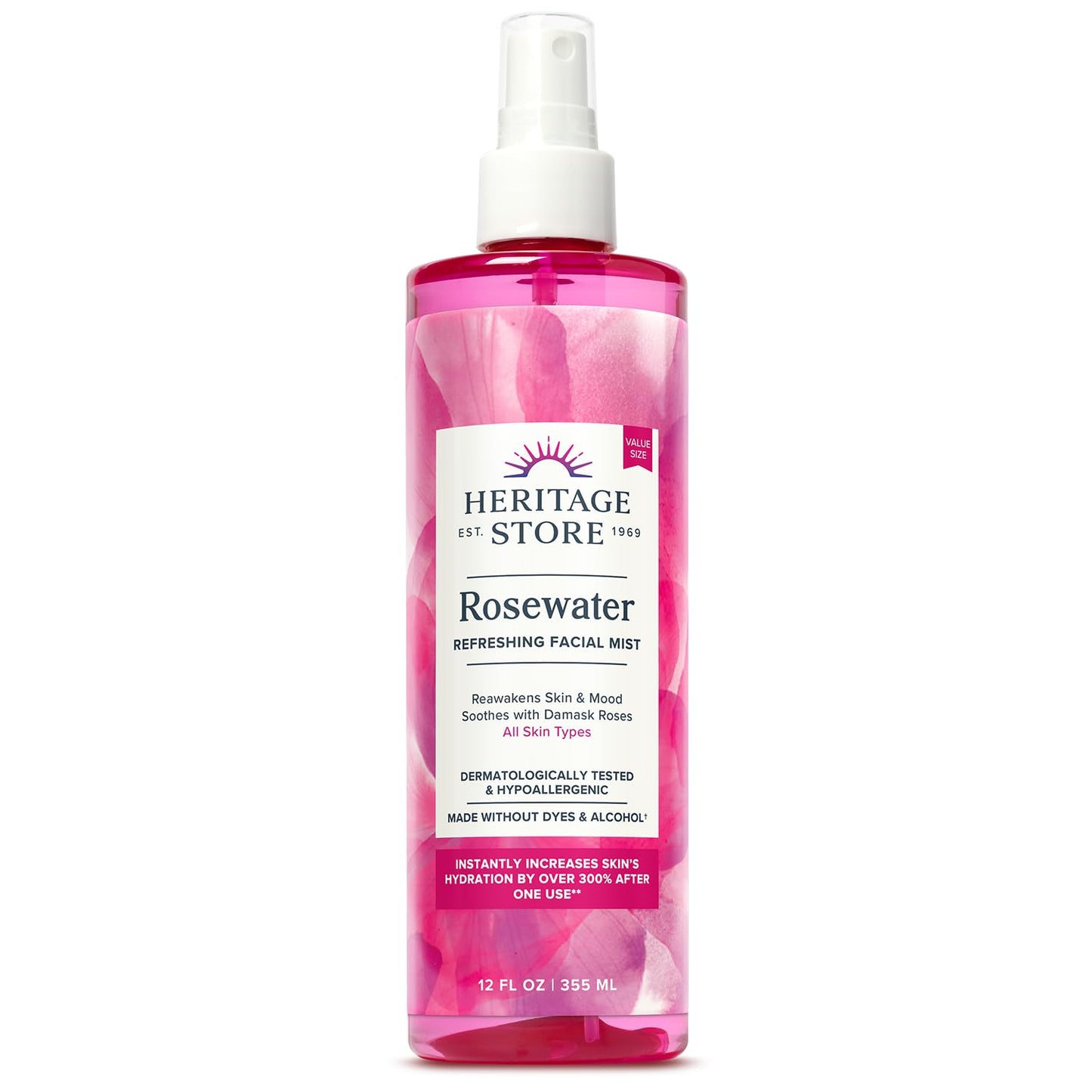 HERITAGE STORE Rosewater - Refreshing Facial Mist for Glowing Skin with Damask Rose, All Skin Types - Rose Water Spray for Face, Made Without Dyes or Alcohol, Hypoallergenic, Vegan, Cruelty Free, 12oz