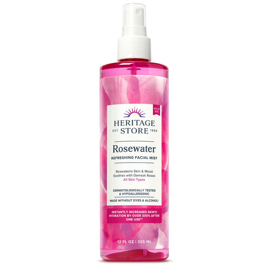 HERITAGE STORE Rosewater - Refreshing Facial Mist for Glowing Skin with Damask Rose, All Skin Types - Rose Water Spray for Face, Made Without Dyes or Alcohol, Hypoallergenic, Vegan, Cruelty Free, 12oz