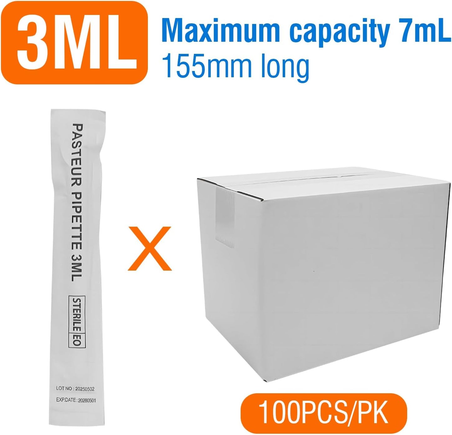 PEKYBIO Sterile Pasteur Pipettes 3ml Disposable Plastic Transfer Pipette Dropper 100Pcs Graduated Calibrated Lab Pipettes, Low Density Polyethylene (LDPE), Individual Peel-Pack, Vol. 7ml, 155mm Long