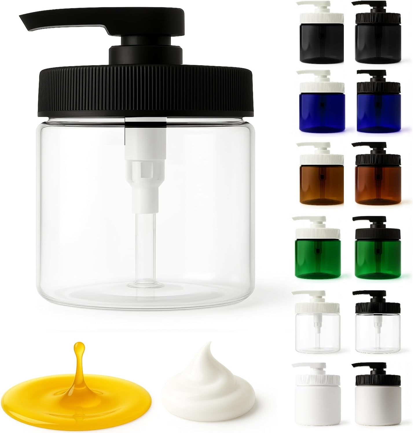 Royal Massage 16oz Refillable Pump Jar with Locking Dip Tube Dispenser – BPA-Free Plastic Container for Massage Oils, Lotions, Creams – Ribbed Lid Wide-Mouth Jar – Durable & Reusable (Clear/Black, 1)