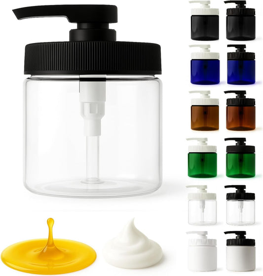 Royal Massage 16oz Refillable Pump Jar with Locking Dip Tube Dispenser – BPA-Free Plastic Container for Massage Oils, Lotions, Creams – Ribbed Lid Wide-Mouth Jar – Durable & Reusable (Clear/Black, 1)