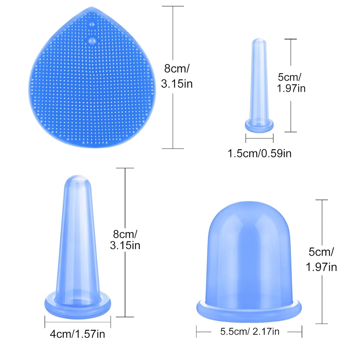 BBTO Silicone Facial Cupping Set, Vacuum Massage Cup Kit for Body, Face, Neck, Back, and Eye, 6 Cups and Exfoliating Brush(Blue)