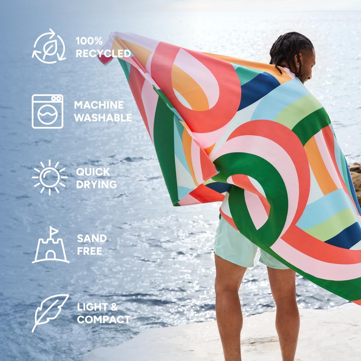 Dock & Bay Beach Towel - Quick Dry, Sand Free - Compact, Lightweight - 100% Recycled - Includes Bag - Fruit Loops - Large (160x90cm, 63x35)