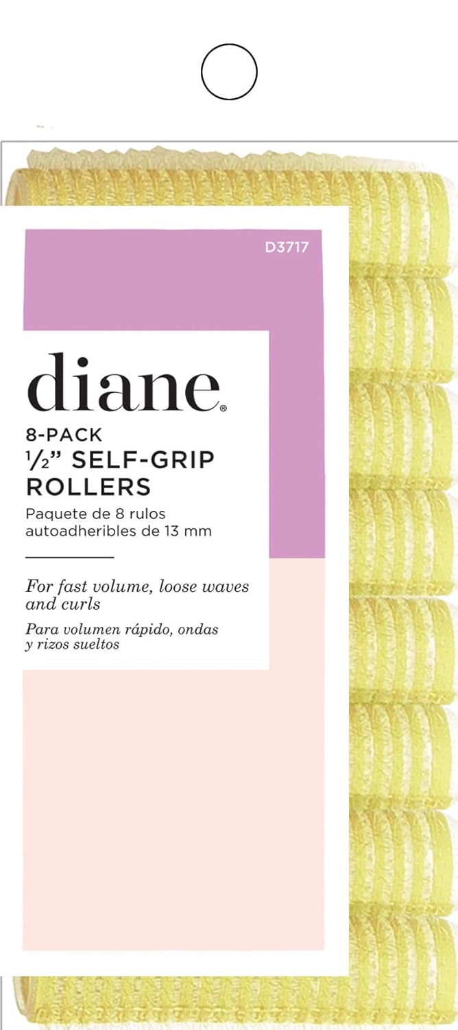 Diane 1/2-Inch Self-Grip Hair Rollers for Root Lift, Soft Curls, Layer Definition, Lightweight and Reusable, Ideal for All Hair Types and Easy Styling, Yellow, 8 Count