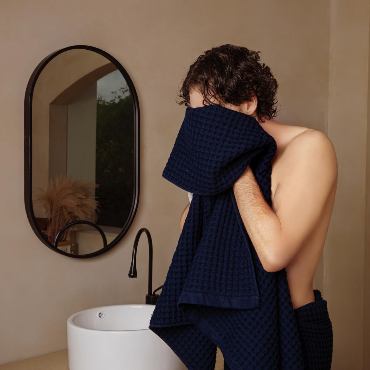 Luxury Japanese Cotton Waffle Bath Towel | Plush, Absorbent, and Quick Dry (Ocean Blue, Hand Towel, 32" x 16")