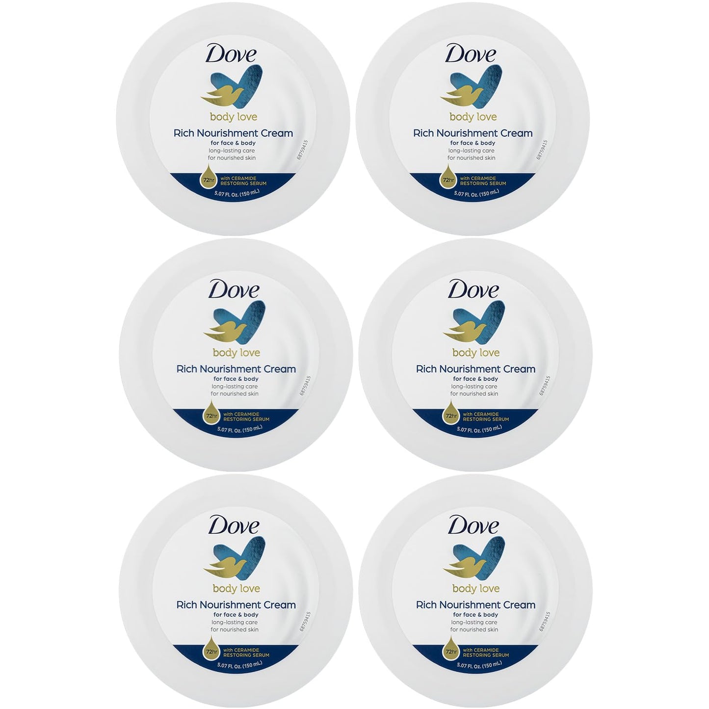 Dove Body Love Rich Nourishment Cream, Face, Hand & Body Lotion for Extremely Dry Skin, Fast-Absorbing 72-Hour Moisturizing Cream with Ceramide Serum, 5.07 Fl Oz (Pack of 6)