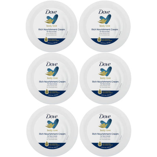 Dove Body Love Rich Nourishment Cream, Face, Hand & Body Lotion for Extremely Dry Skin, Fast-Absorbing 72-Hour Moisturizing Cream with Ceramide Serum, 5.07 Fl Oz (Pack of 6)