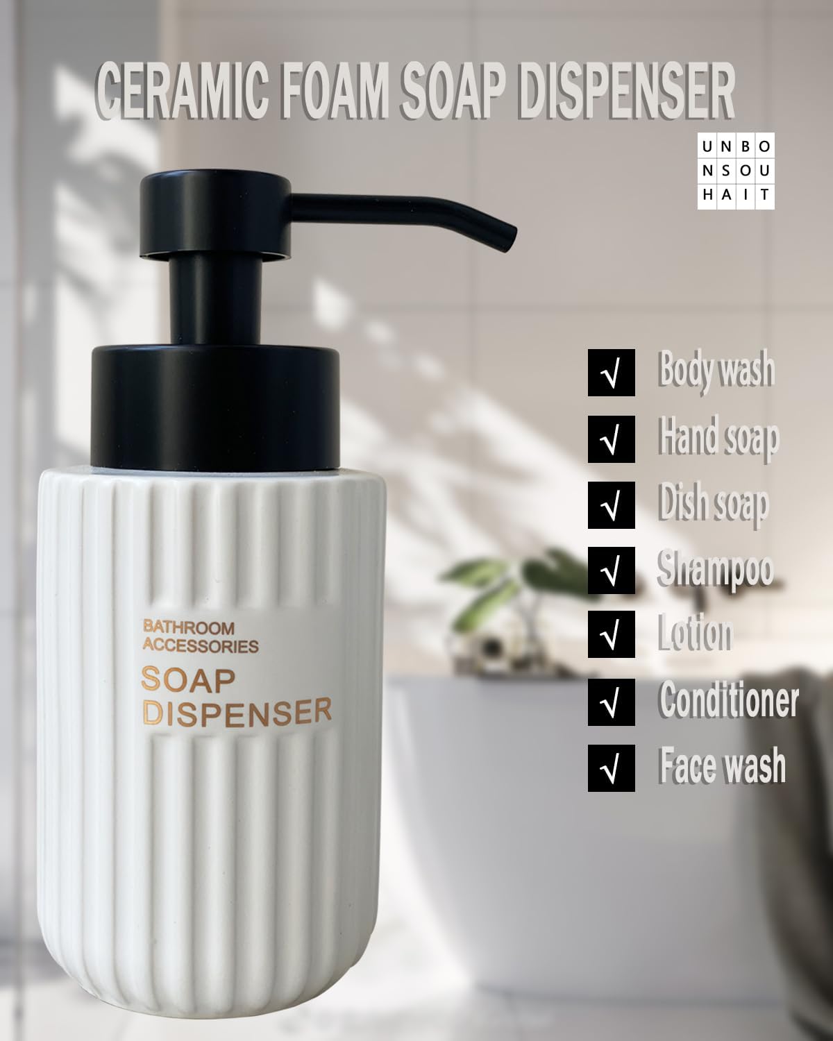 11.5 Oz Foaming Soap Dispenser for Bathroom,Kitchen Foam Soap Dispenser,Refillable Modern Foam Pump Bottle,Black Ceramic Foaming Hand Pump Dispenser (White Stripe)