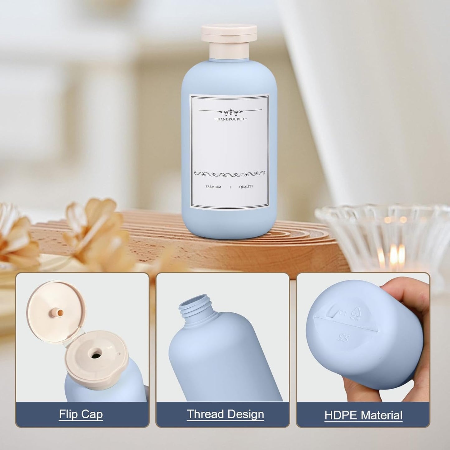 6.8oz Travel Bottles for Toiletries, Empty Plastic Squeeze Bottles with Flip Cap, Lotion Container for Toiletries Travel Size Shampoo and Conditioner (3 pack, bule)