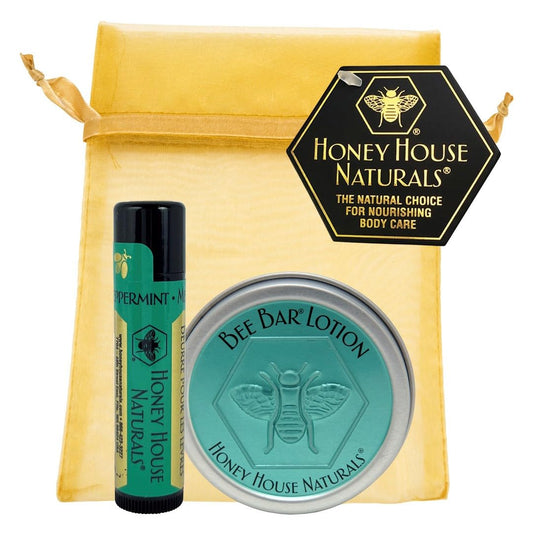 Honey House Naturals 2 Piece Gift Set, All Natural, Ultra Moisturizing Lotion Bar and Lip Butter Infused with Essential Oils, Made in USA (Lip Balm & Bee Bar, Peppermint)