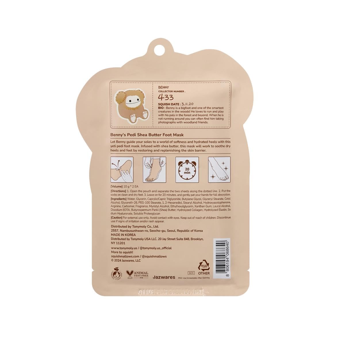 TONYMOLY x Squishmallows Benny Pedi Shea Butter Foot Mask, Hydrating & Moisturizing Foot Care, Set of 3