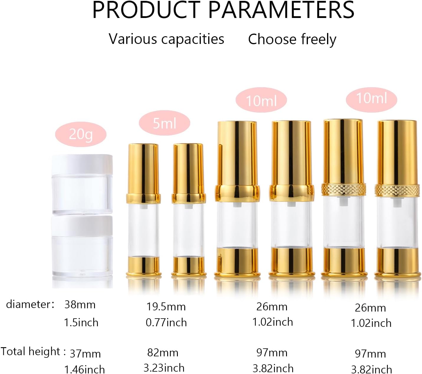 Golden Airless Pump Bottle Travel Set with Box Refillable Cosmetic Vacuum Pump Bottle Such as Hand Soap,Toner,Foundation,Hair Oil,Lotion and Cream (Golden, 5ml-10ml-20g)