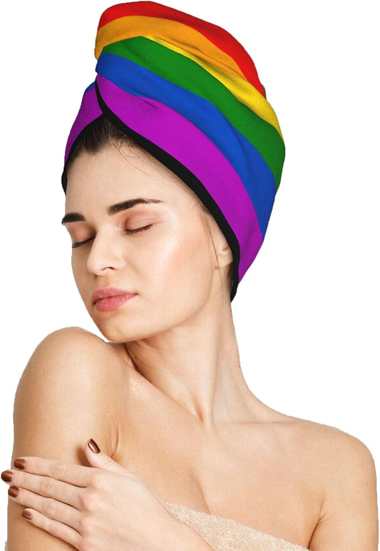 Gay Pride Rainbow Hair Towel Wrap Microfiber Fast Drying Hair Turban with Buttons for Women Drying Curly, Long & Thick Hair