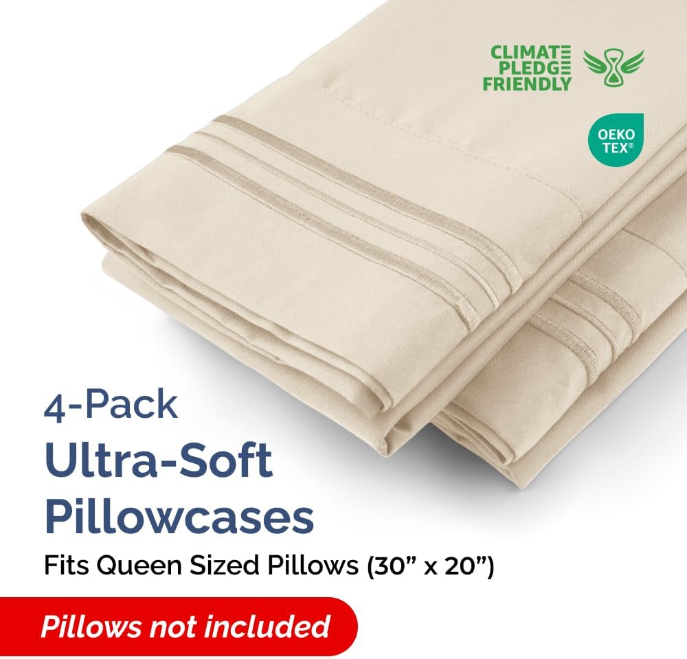 Queen Pillow Cases Set of 4 - Ultra Soft Hotel Quality Pillowcase Covers - Comfy, Cozy & Wrinkle Free - Shrinkage, Stain and Fade Resistant - Machine Washable Pillow Protectors - 4 Piece Set - Wheat