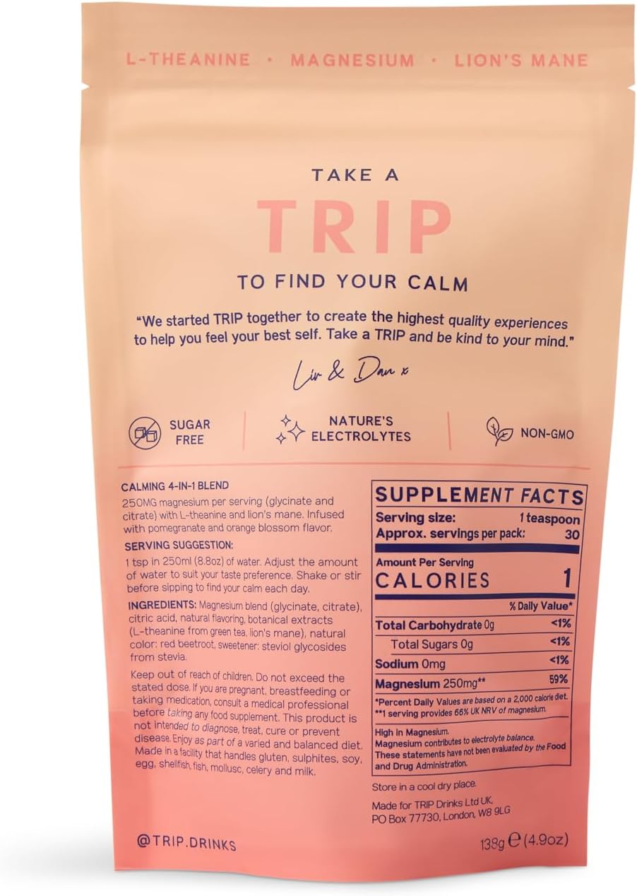 TRIP Magnesium Glycinate Powder with L-Theanine & Lion’s Mane, Sugar Free Magnesium Supplement for Adults, 250mg Magnesium per Drink Mix Serving, Pomegranate Orange Blossom, 1 Bag - 30 Servings