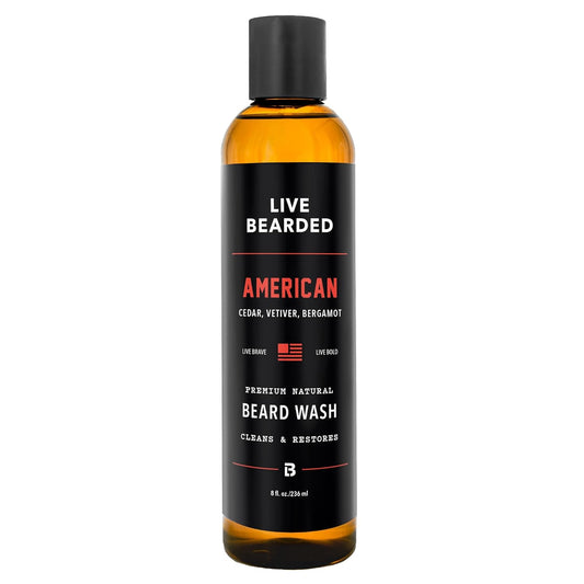 Live Bearded Beard Wash, 8 fl oz - Water-Based Face Cleanser with All-Natural Ingredients for a Gentle, Deep Clean - Made in the USA | American Scent - Cedar, Vetiver, Bergamont