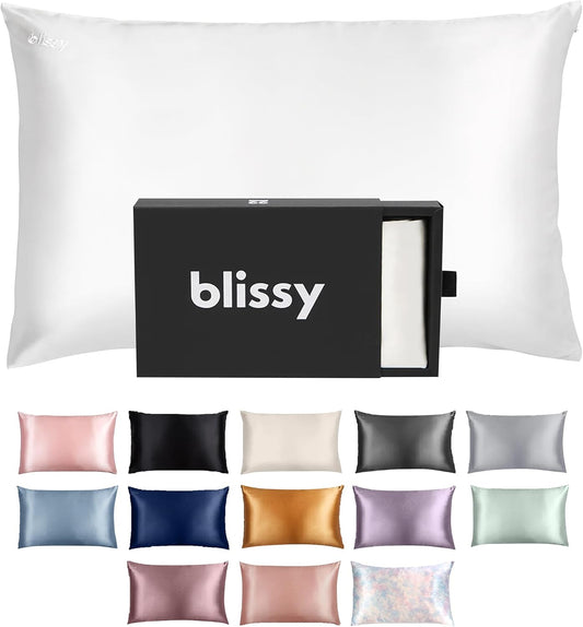 Blissy Silk Pillowcase - 100% Pure Mulberry Silk - 22 Momme 6A High-Grade Fibers - Silk Pillow Cover for Hair & Skin - Regular, Queen & King (Blissy White, Queen)