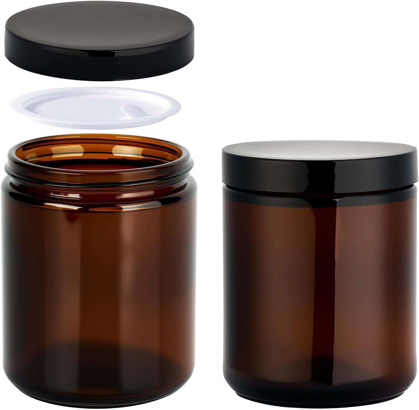 Hoa Kinh 8oz Amber Glass Jars with Lids - 2Pack Empty Airtight Storage Containers for Candle Making, Cosmetic, Spices, Crafts, Food - Refillable, UV Protection, Black Plastic Lid