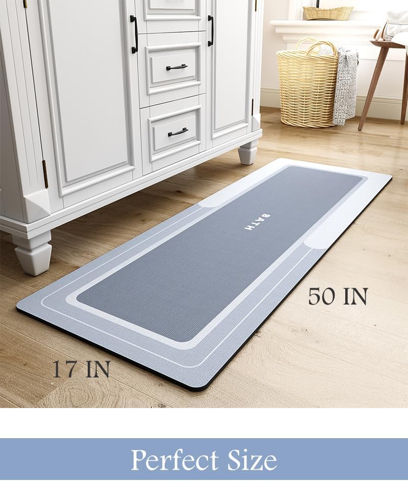 MontVoo-Bath Mat, Long Non Slip Absorbent Stain Resistant Quick Dry Thin Bathroom Rug, 17"x50", Blue