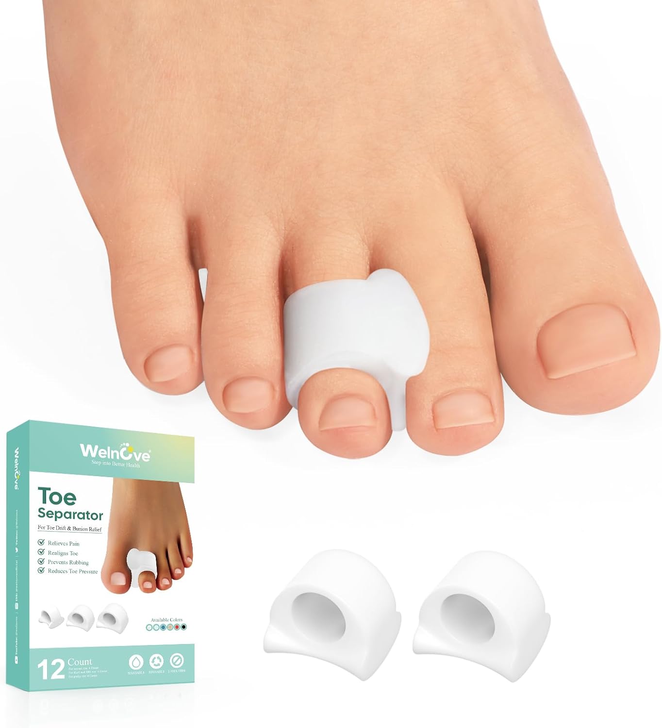Welnove Toe Separator for Overlapping Toes - 12 PackToe Spacers for Bunions - Toe Corrector for Hammer Toes, Realign Crooked Toes - Preventing Rubbing Relieve Pressure (Small, White)