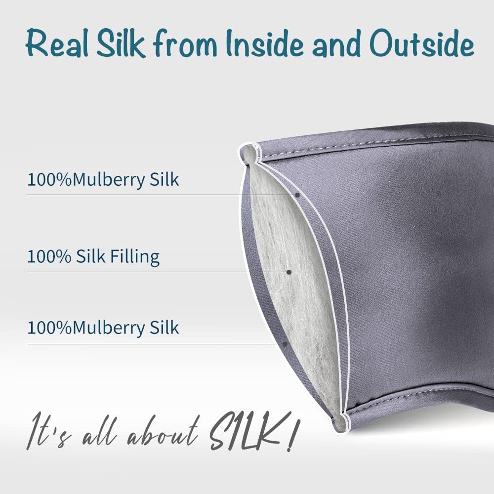 LULUSILK Mulberry Silk Sleep Eye Mask Blindfold with Elastic Strap Headband, Soft Eye Cover Eyeshade for Night Sleeping, Travel, Nap (Charcoal Gray)