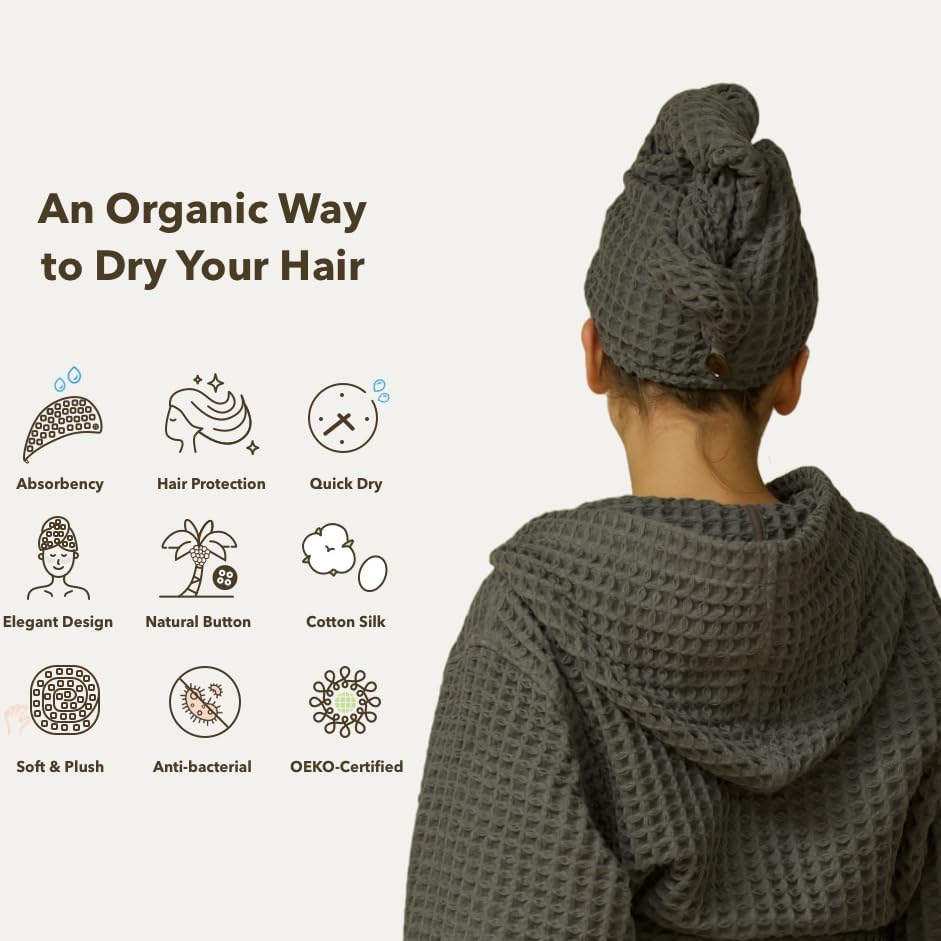 Hair Towel | 100% Cotton Silk Hair-Drying Waffle Wrap Turban for Women, Ultra-Absorbent, Anti Frizz, Hair Damage Protection for Straight and Curly Hair (Smoke Grey, 1 Pack)