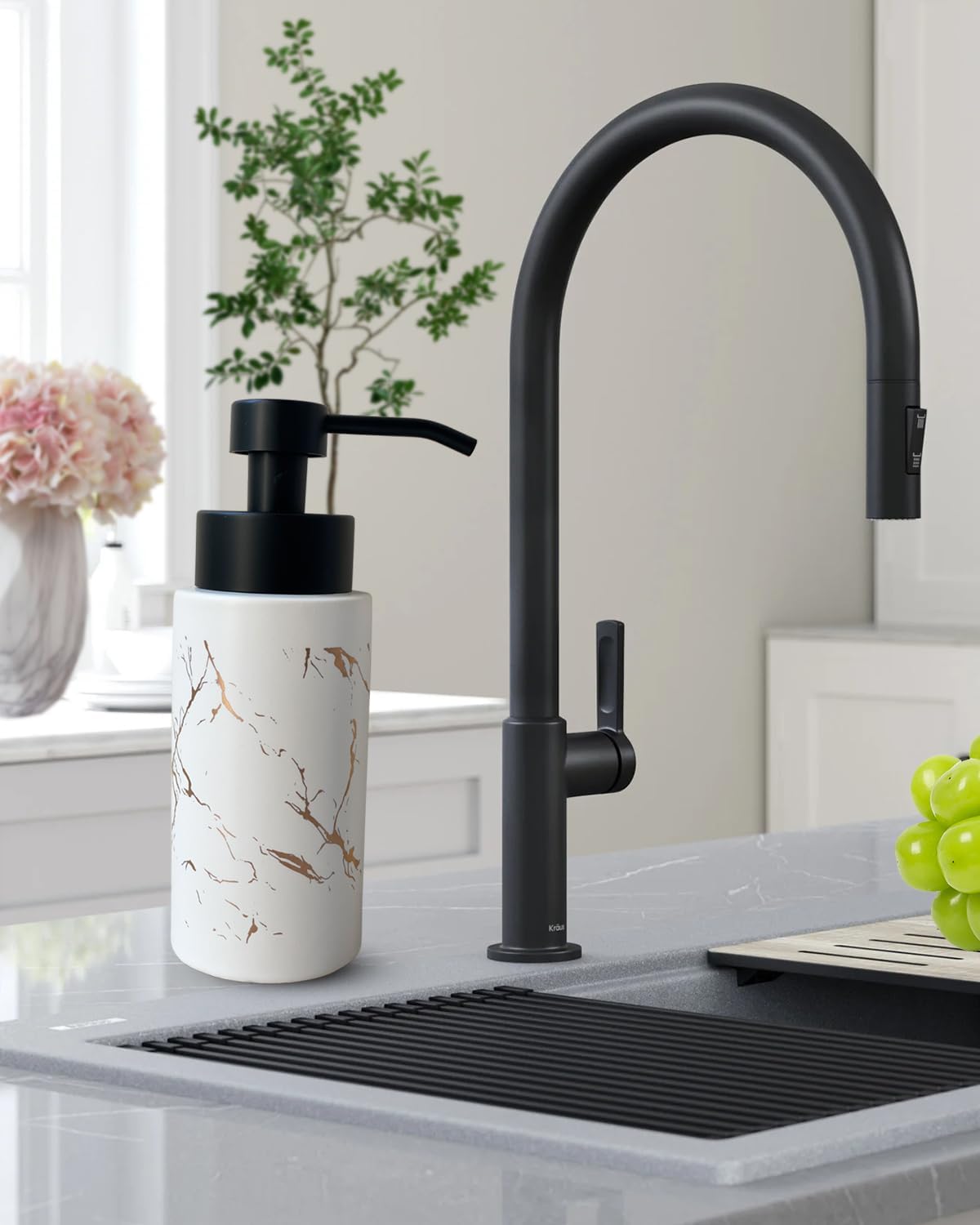 9.5 Oz Foaming Soap Dispenser for Bathroom,Kitchen Foam Soap Dispenser,Refillable Modern Foam Pump Bottle,Black Ceramic Foaming Hand Pump Dispenser (White Marble)