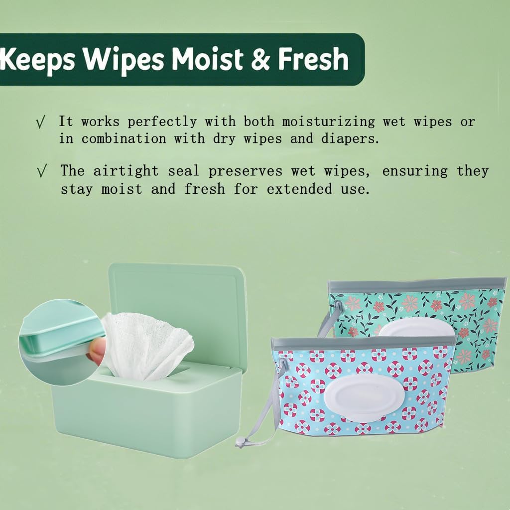 Wipes Dispenser with 2Pcs Portable Refillable Wipe Holder,Reusable Large Wipe Holder Box Flushable Wipes Case Bathroom Wipes Container for Pet Nursery Kitchen Office Counter(Green)