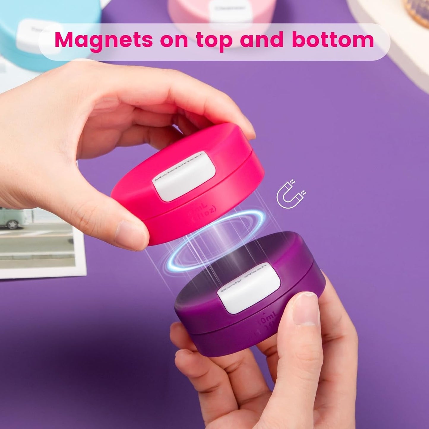 Gemice Travel Containers for Toiletries, Magnetic Travel Containers, TSA Approved Cream Jars with Toiletry Bag, Leak-proof Small 1oz Capsules Set with Multiple Labels for Organization (4 Pack)