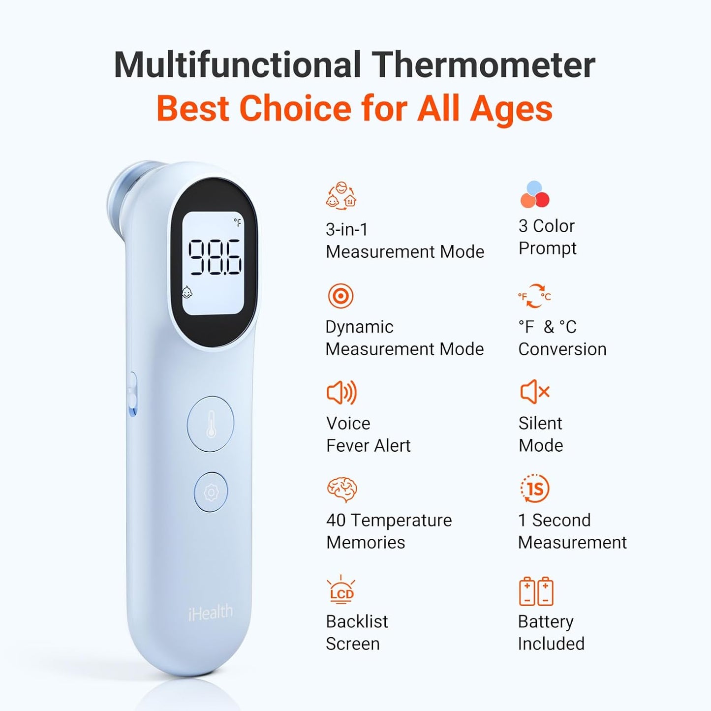 iHealth Infrared Digital Thermometer for Adults and Kids, Baby Thermometer with 3-in-1 Mode & 3-Color Prompt, Fever Alarm & Silent Mode, Forehead & Object Detection, 40 Memory Storages, PT9L, Blue