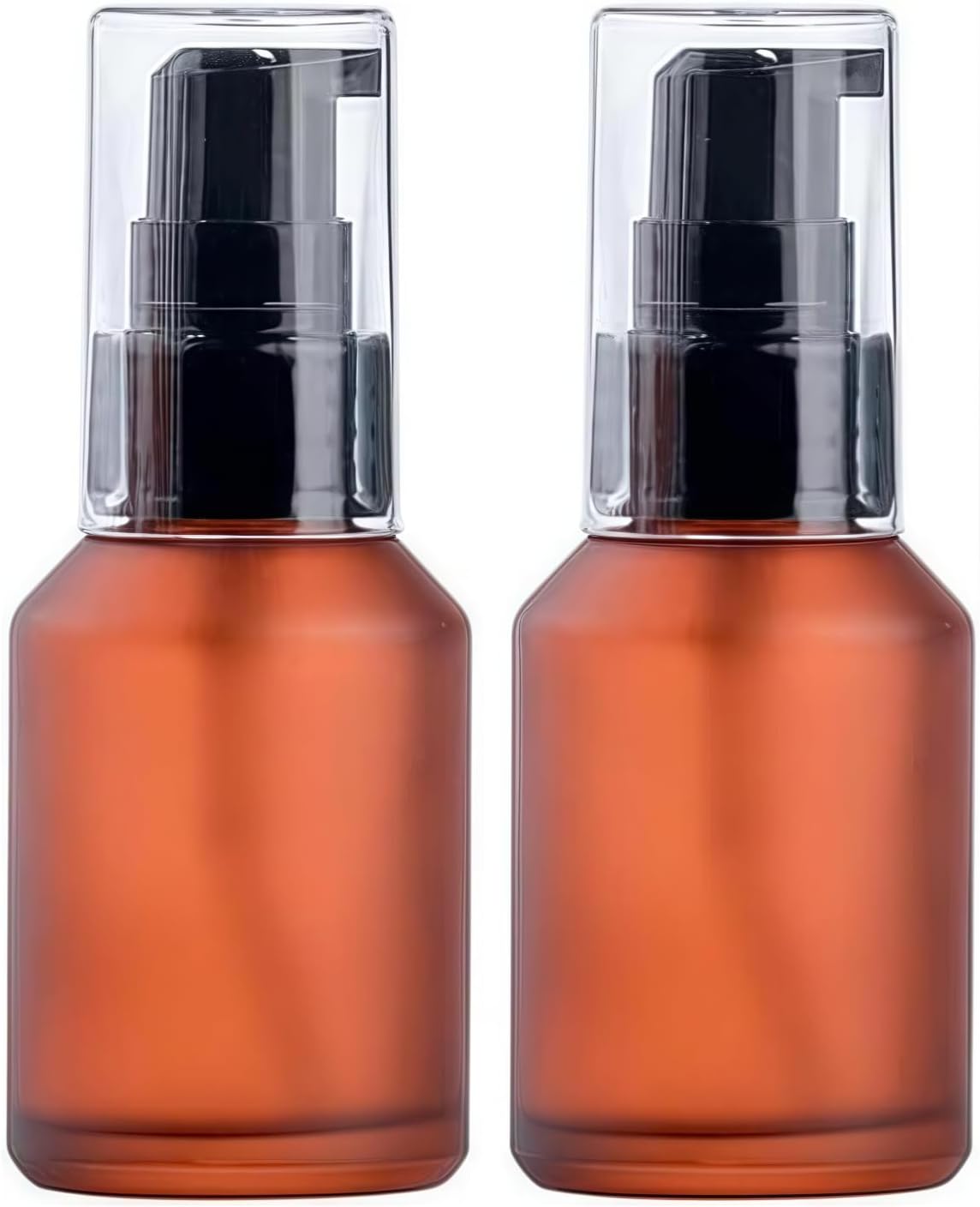 2 Pcs 30ML Brown Refillable Glass Lotion Pump Bottle, Cosmetic Sample Container with Black Plastic Pump Head - Ideal for Creams, Serums, Emulsions, Travel Packing, and Beauty Gels, Pump Dispensers