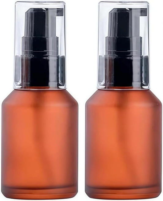 2 Pcs 30ML Brown Refillable Glass Lotion Pump Bottle, Cosmetic Sample Container with Black Plastic Pump Head - Ideal for Creams, Serums, Emulsions, Travel Packing, and Beauty Gels, Pump Dispensers