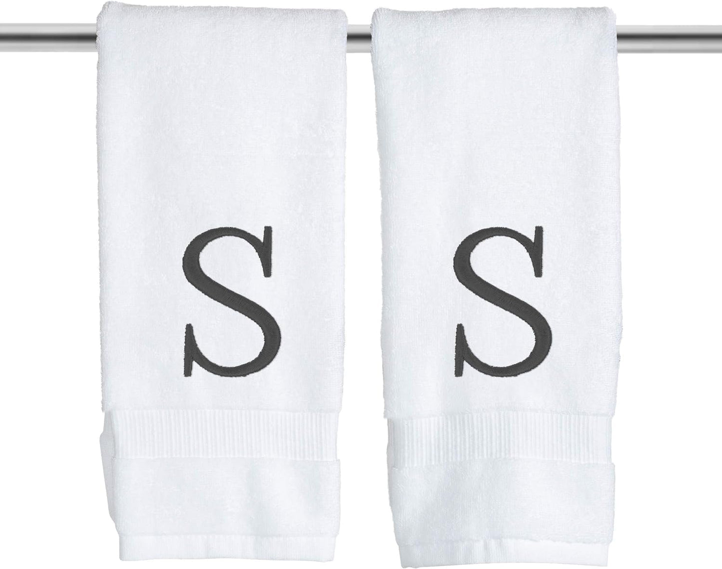 Dark Gray, Letter Hand Towel for Bathroom - Monogrammed Initial Hotel Quality Decorative Embroidered Towel for Powder Room, Spa - GOTS Organic Certified - Pack of 2, Letter S