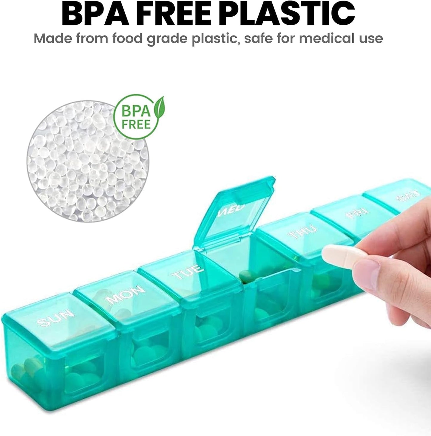 Sukuos Extra Large Weekly Pill Organizer, 7 Day Daily Pill Box Case Arthritis Friendly, Silkscreen Printed Medicine Container with Clear Lid for Vitamins, Fish Oils or Supplements (Cyan)