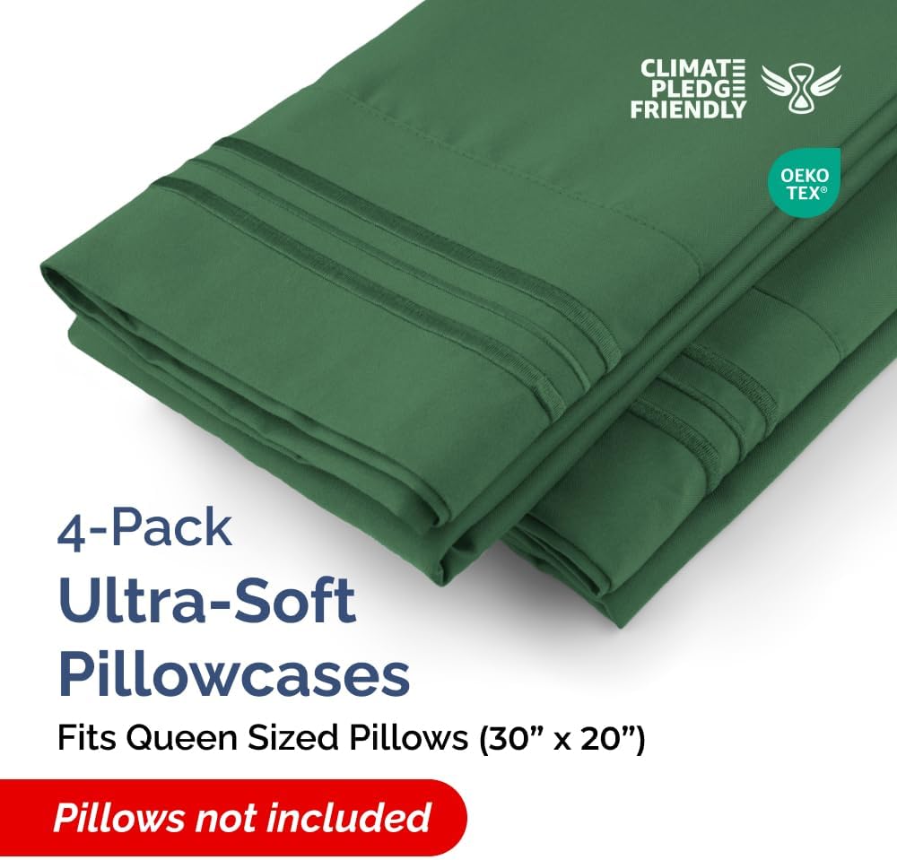 CGK Unlimited Queen Size Microfiber Pillowcase Set of 4 - Soft, Premium Quality, Machine Washable, Emerald Green