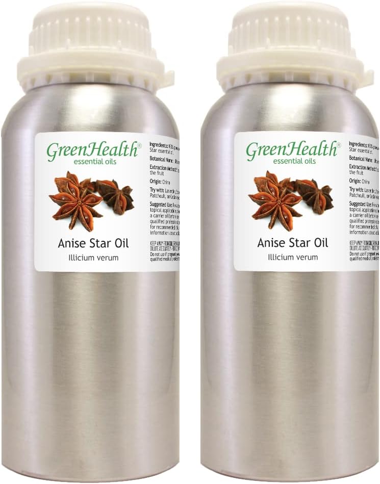GreenHealth Anise Star Essential Oil 2 Pack – 16 fl oz Each (32 oz Total) | 100% Pure & Uncut | Aluminum Bottles for Long-Term Storage | Bulk Essential Oil for Aromatherapy, Candle Making, Diffusers