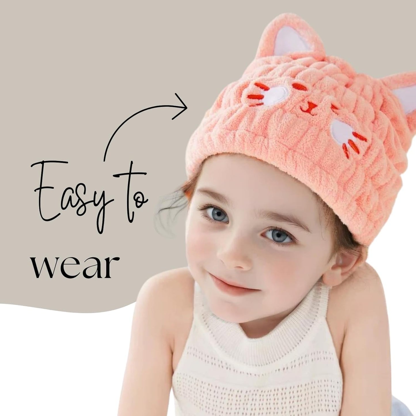 Microfiber Hair Towel Wrap for Kids, Pink Cat Dry Hair Cap Suck Water, Absorbent Quick Girls Boys Hair Drying Towel, Lightweight Bouncy Hat Headscarf