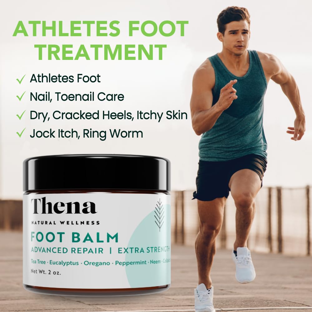 THENA Athlete’s Foot Treatment Balm Extra Strength with Tea Tree Peppermint Neem, Powerful Natural Anti-Itch Foot & Skin Cream Soothes & Relieves Itchy, Dry, Cracked Feet, Heels, Toenails, Jock Itch