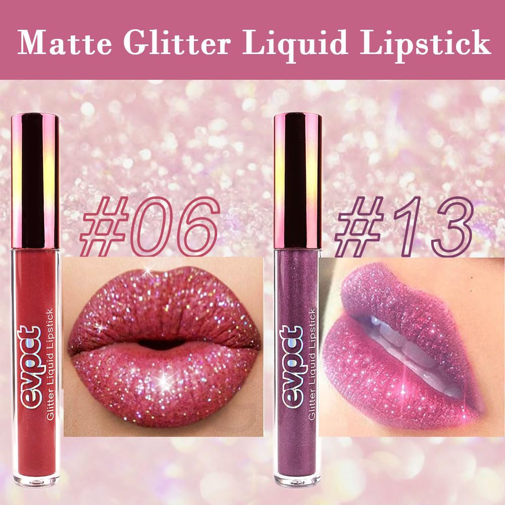 evpct 2Pcs Plum & Dark Wine Red Matte to Glitter Liquid Lipstick Long Lasting Lip Set Kit for Women Diamond Shiny Glitter Sparkly Glossy Metallic Shimmer Sparkle Waterproof Lipstick Lip Gloss 06+13
