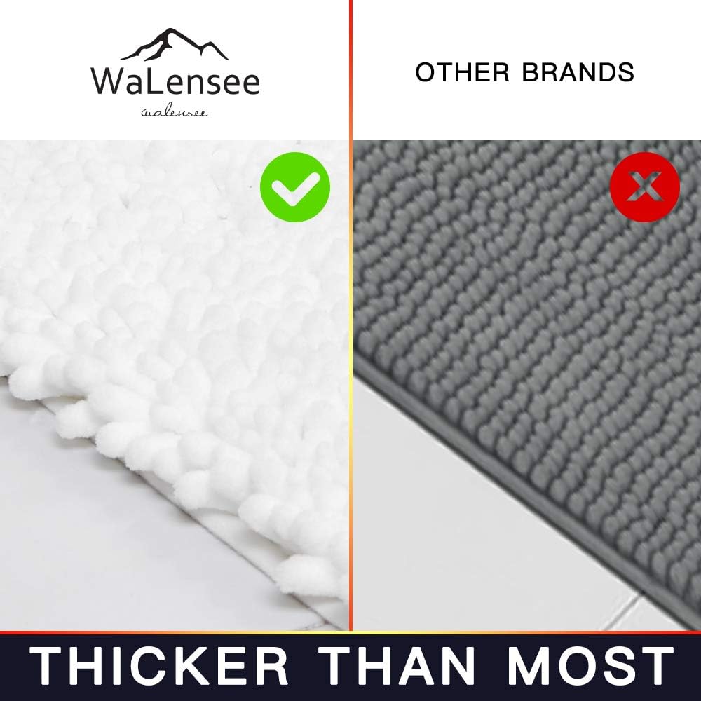 Walensee Bathroom Rug 2 Pieces Set Non Slip Bath Mat (17x24 Plus 20x32 Inch White) Water Absorbent Super Soft Shaggy Chenille Machine Washable Dry Extra Thick Perfect Carpet for Shower Floor