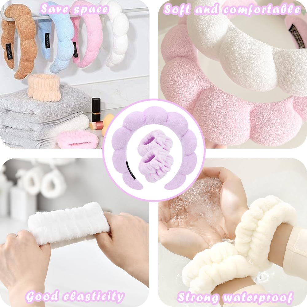 Spa Headbands for Washing Face Wristband Set Sponge Makeup Skincare Headband Wrist Towels Bubble Soft Terry Towel Cloth Hairband for Women Puffy Headwear Non Slip Thick Thin Hair Headwear (Lilac)