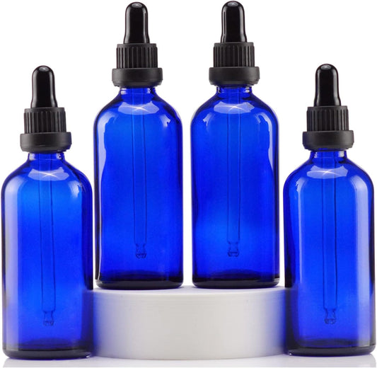 YIZHAO Blue Glass Dropper Bottle 4oz, Tincture Bottles with Glass Dropper, for Essential Oils, Aromatherapy, Cosmetic, Laboratory, Pharmacy, Liquids, Travel –4 Pcs