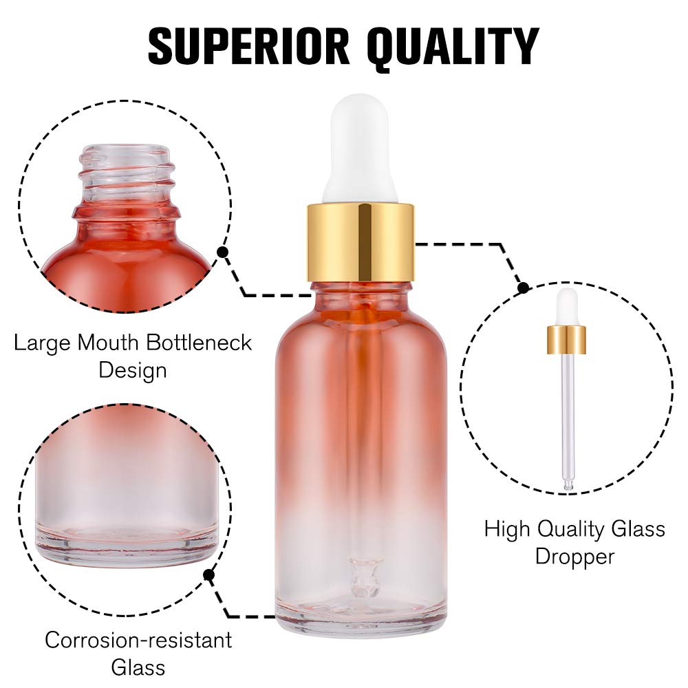 PrettyCare 4 Pack 1oz Dropper Bottle for Essential Oils, 30 ml Rainbow Glass Leak Proof Essential Oils Bottles with Labels, Funnel & Pipettes- Empty Tincture Bottles for Personal Care & Beauty