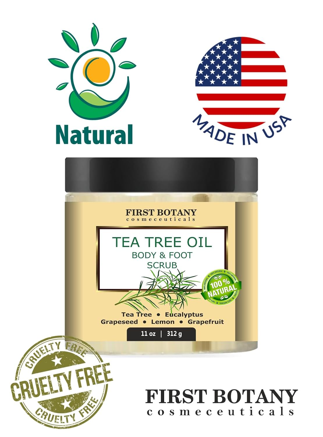 First Botany 100% Natural Tea Tree Oil Body & Foot Scrub with Salt - Best for Acne, Dandruff and Warts, Corns, Calluses, Athlete foot, Jock Itch & Body Odor
