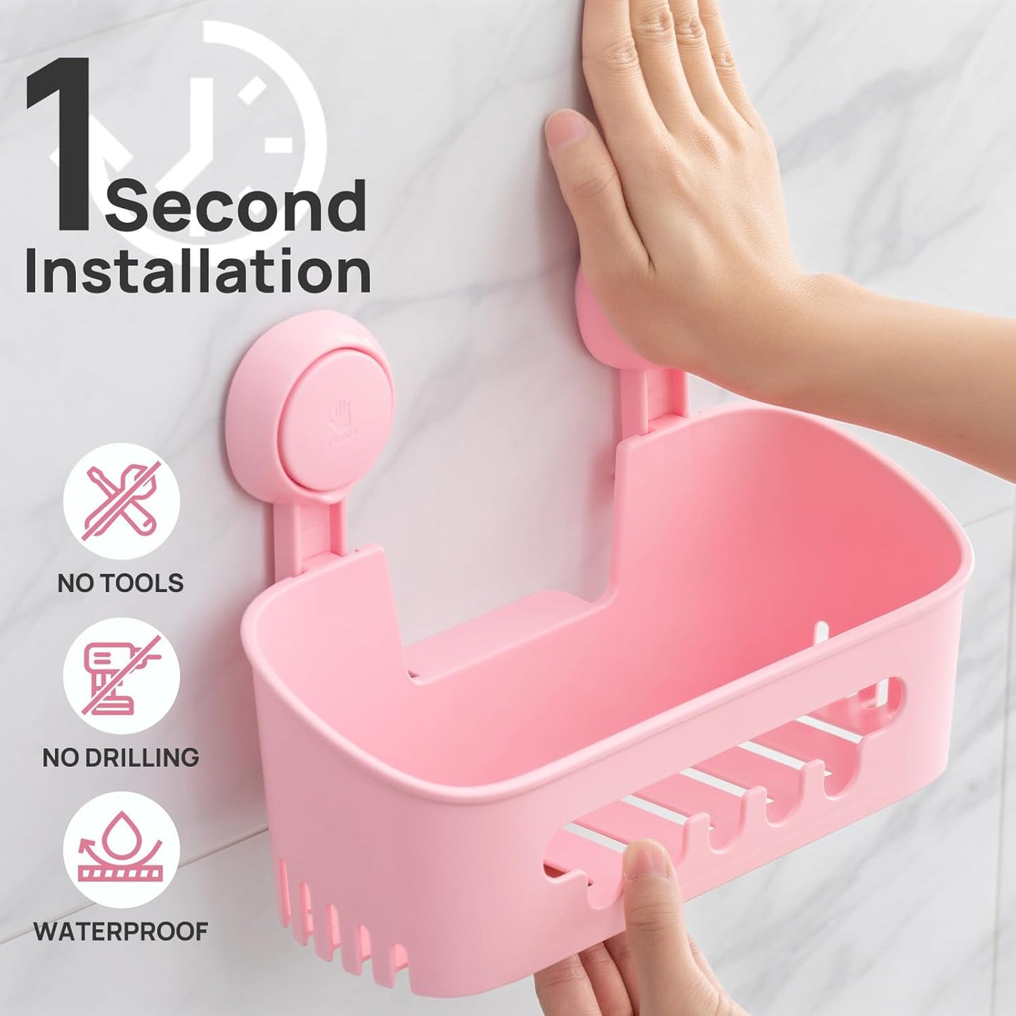 LEVERLOC Shower Caddy Suction Cup Set Shower Organizer & Soap Holder & Toothbrush Holder, Bathroom Shelf Basket NO-Drilling, Removable Suction Storage Waterproof Bathroom Caddy, Pink